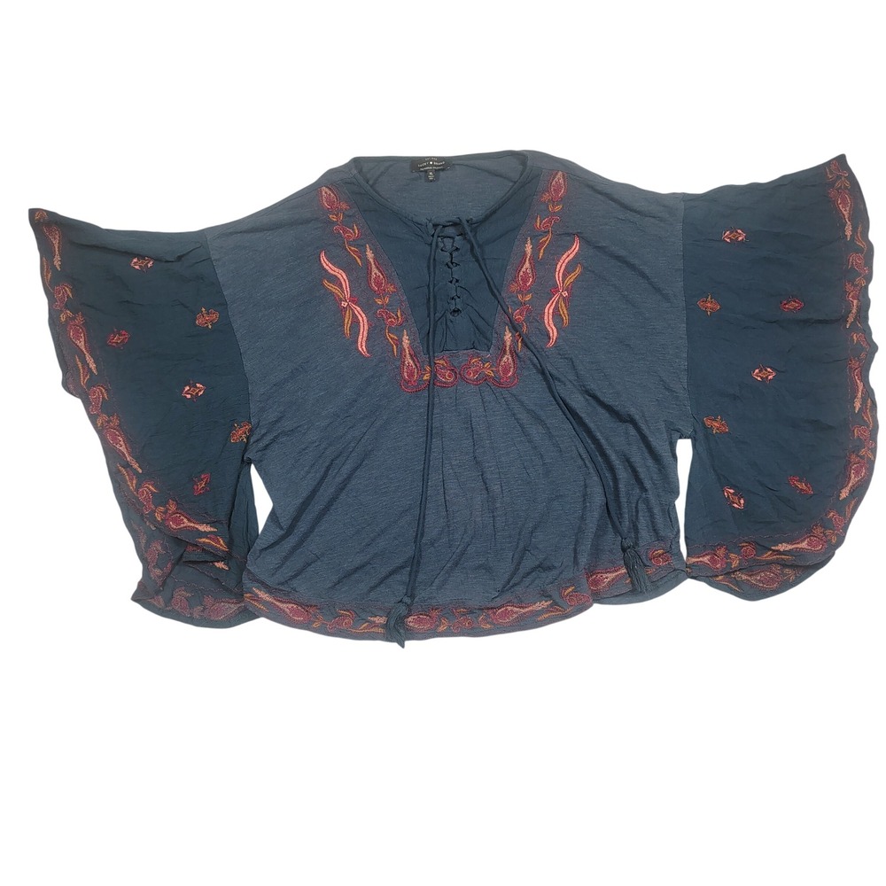 Lucky Brand Peasant Top Womens XL Blue Embroidered Lace Up Bell Sleeve Cotton B